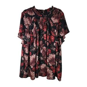 TORRID Floral Lace Inset Pintuck Ruffle Trim Short Sleeve Blouse 4X‎ Black Red
